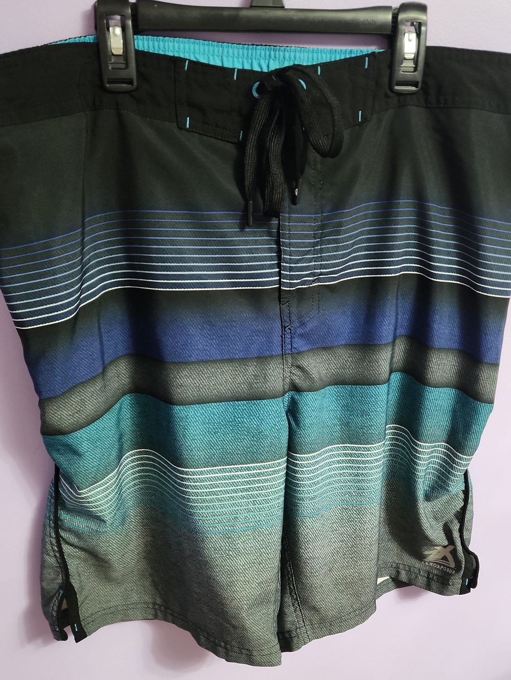 Men's Black and Teal Gradient Stripe Swim Board Shorts
